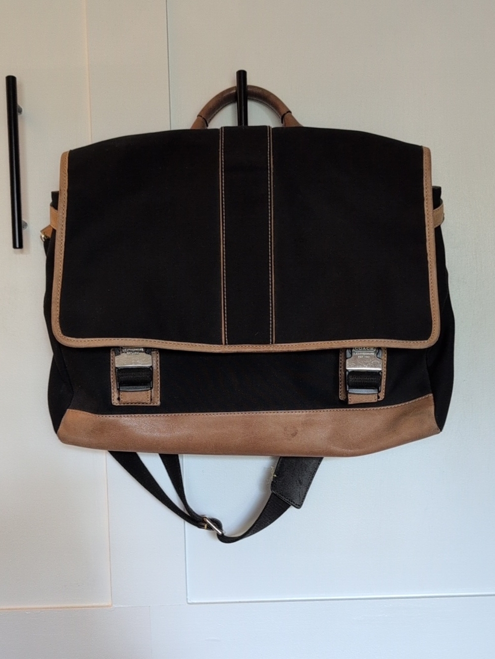 Coach Black Canvas Messenger Bag with Tan Leather Trim
